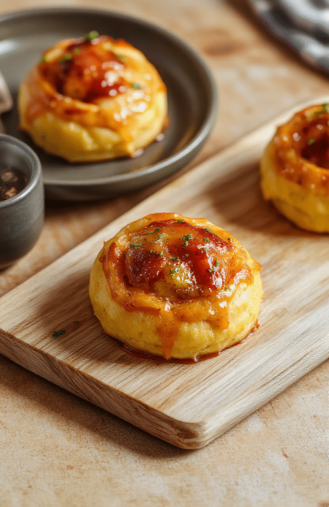 Bunte Puddingschnecken mit goldbrauner Oberseite, cremiger Vanillepudding-Füllung sichtbar, zarter Teig, leicht bestäubt mit Puderzucker, Nahaufnahme auf heller Arbeitsfläche