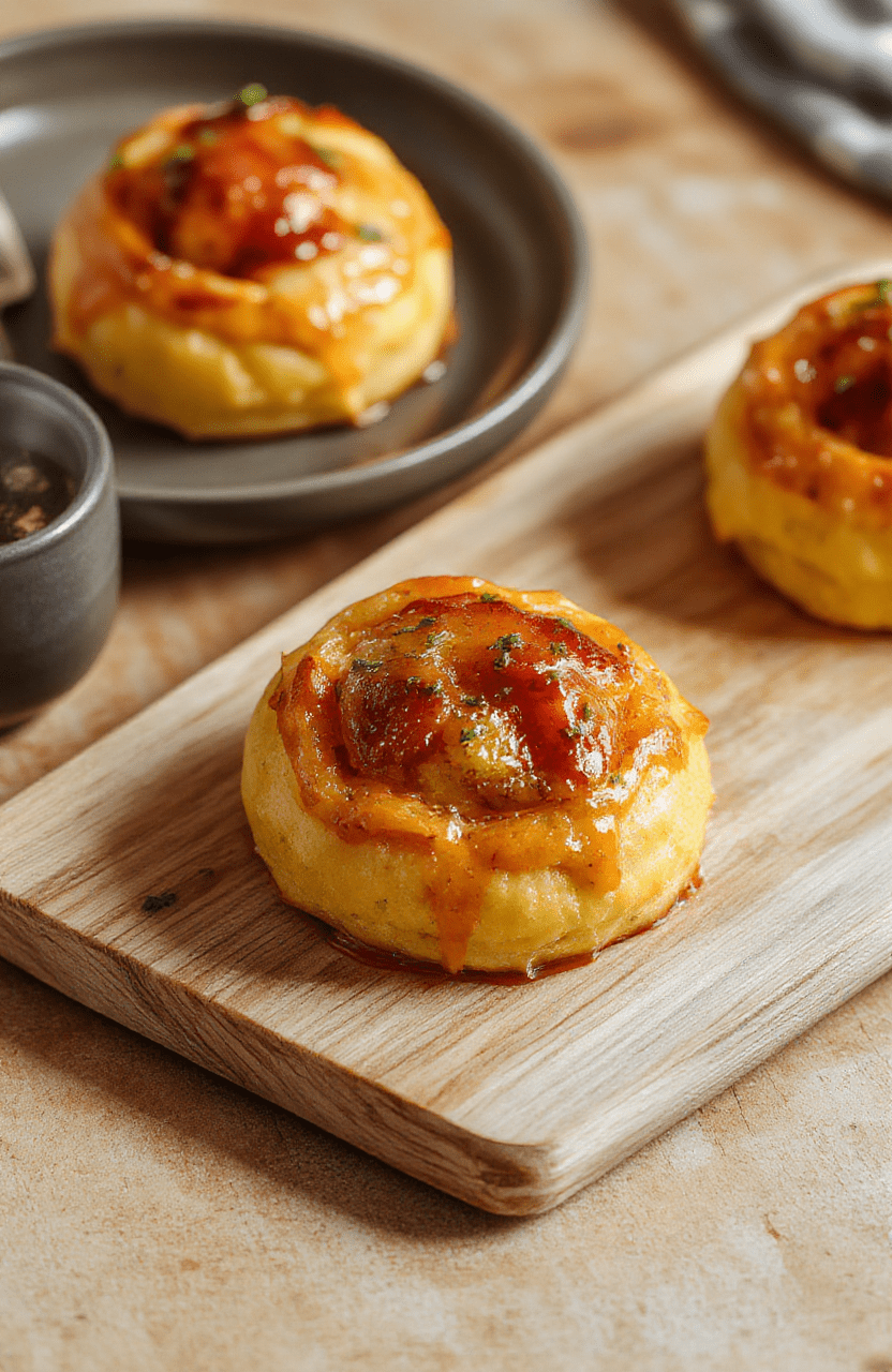 Bunte Puddingschnecken mit goldbrauner Oberseite, cremiger Vanillepudding-Füllung sichtbar, zarter Teig, leicht bestäubt mit Puderzucker, Nahaufnahme auf heller Arbeitsfläche