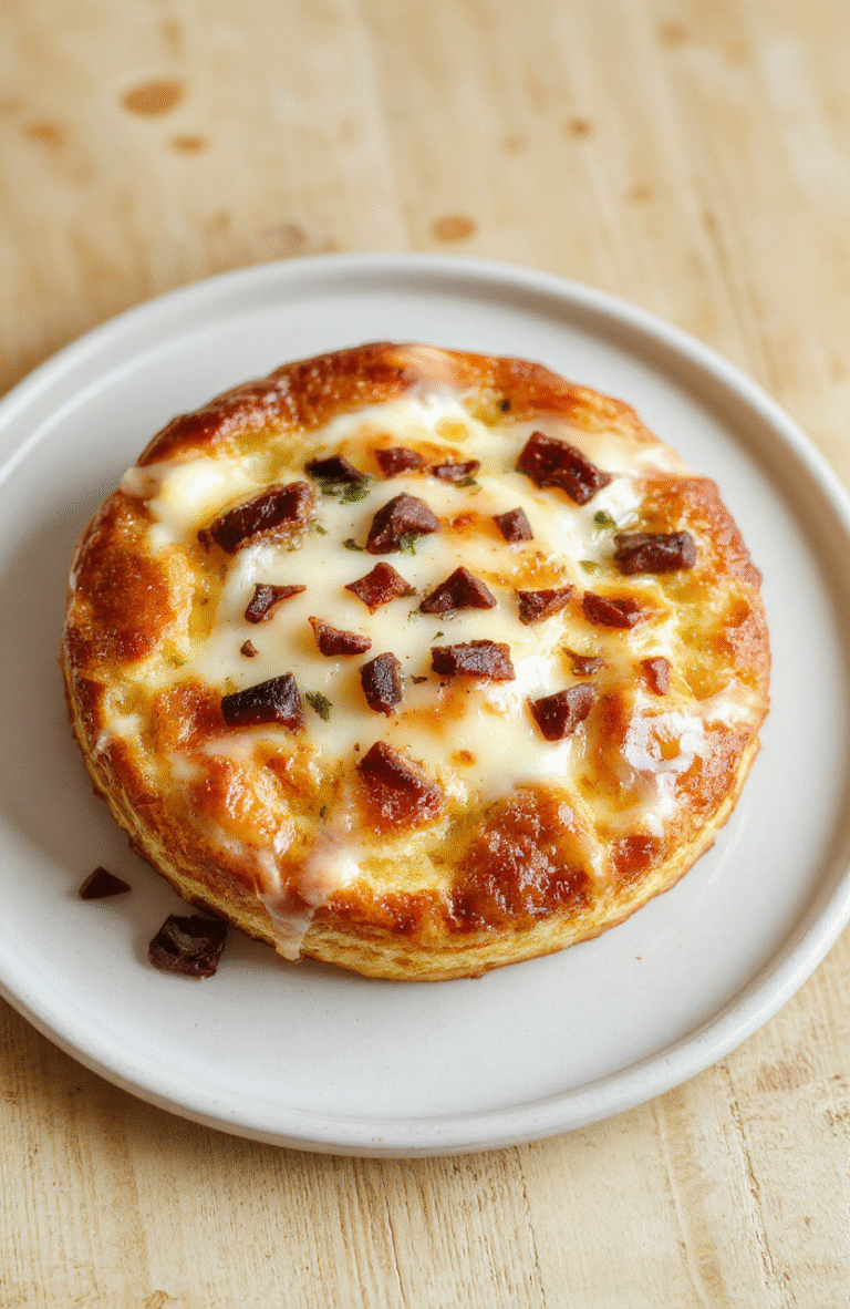 Drei fluffige Quark-Pfannkuchen ohne Mehl, goldbraun gestapelt auf einem hellen Holzbrett, feine Luftblasen, leichte Glanzreflexe, schlichtes, einladendes Food-Setup.