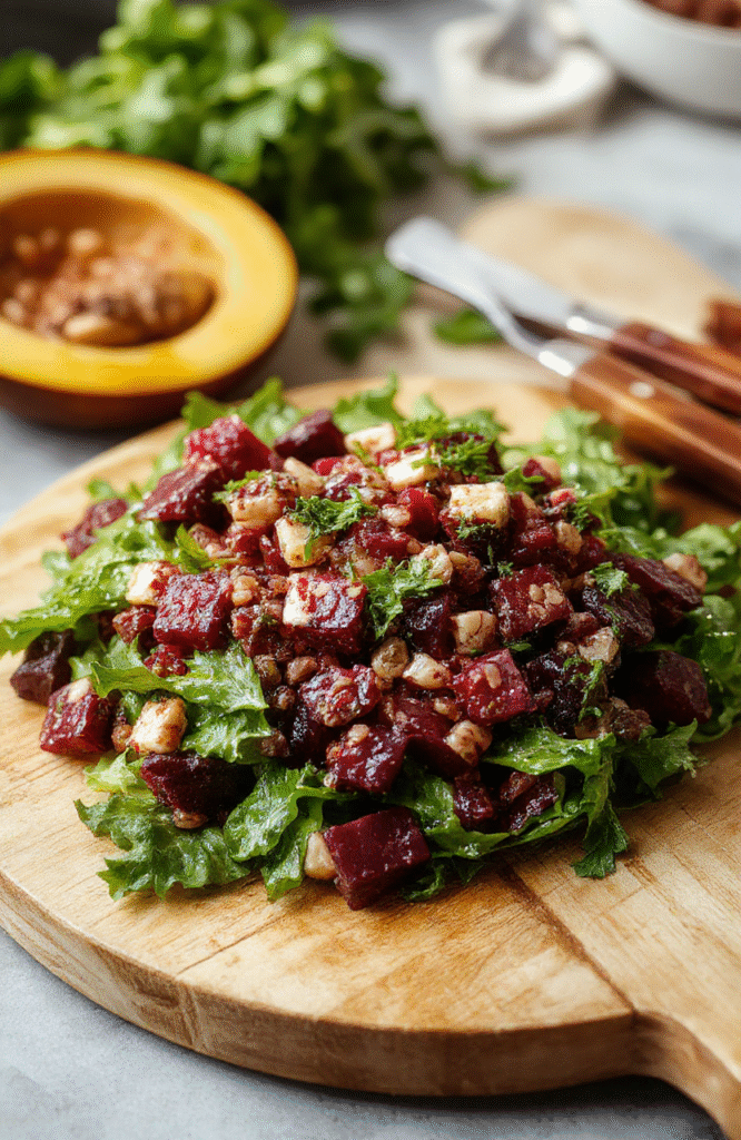 Ein eindrucksvoller Rote Bete Linsen Salat Teller: rot klare Rote Beete Würfel, cremige helle Linsen, fein gehackte rote Zwiebel, grüne Petersilie und ein zitroniges Dressing. Die Farben sind lebendig, Oberfläche leicht glänzend, alles auf einer rustikalen Platte präsentiert.