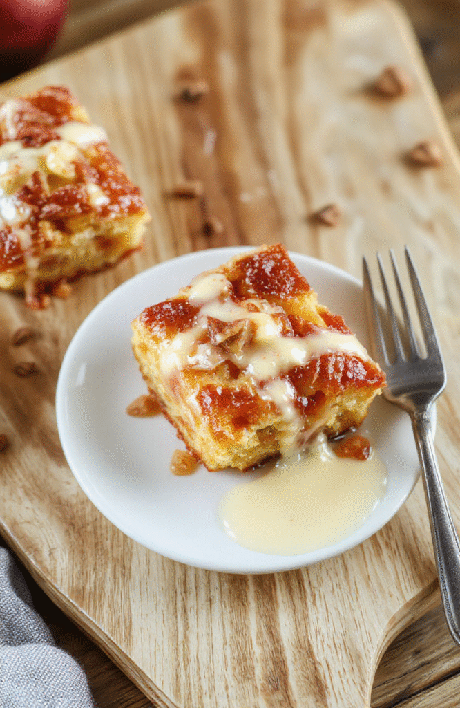 Ein goldbrauner, saftiger Apfelkuchen mit sichtbar eingebetteten Apfelstücken und einer cremigen Vanillepudding-Füllung, serviert auf einem weißen Teller; der Kuchen liegt auf einem hellen Holztisch und wirkt warm und einladend.