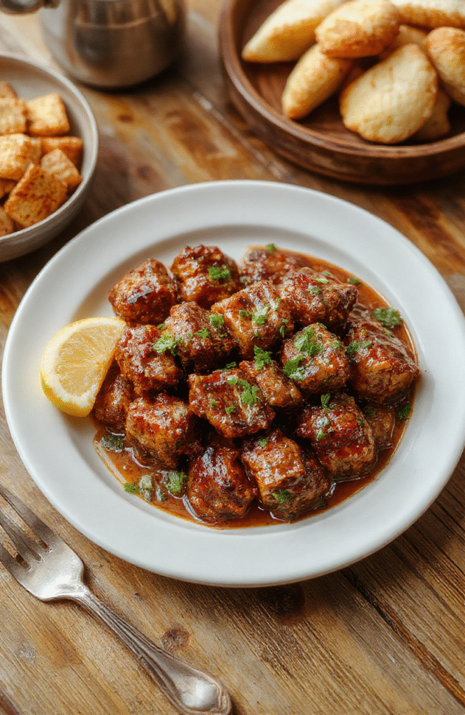 Ein goldbraun gebratener Schaschliktopf mit Paprika, Zwiebeln und Tomaten, serviert in einer Pfanne auf einer rustikalen Holzoberfläche, garniert mit Petersilie.