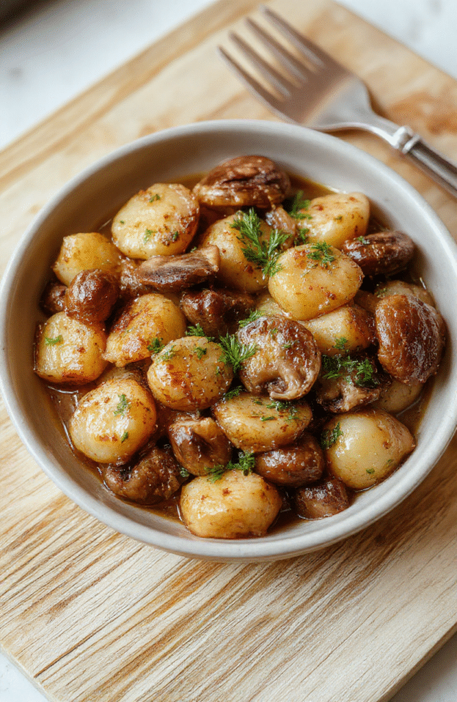 Bunter Teller mit Champignons, Brokkoli und Karotten in leichter Sauce, goldbraun angebratene Champignons, grüne Brokkoli-Röschen, orangene Karottenstreifen, einfache Präsentation auf weißem Teller, natürliches Licht.