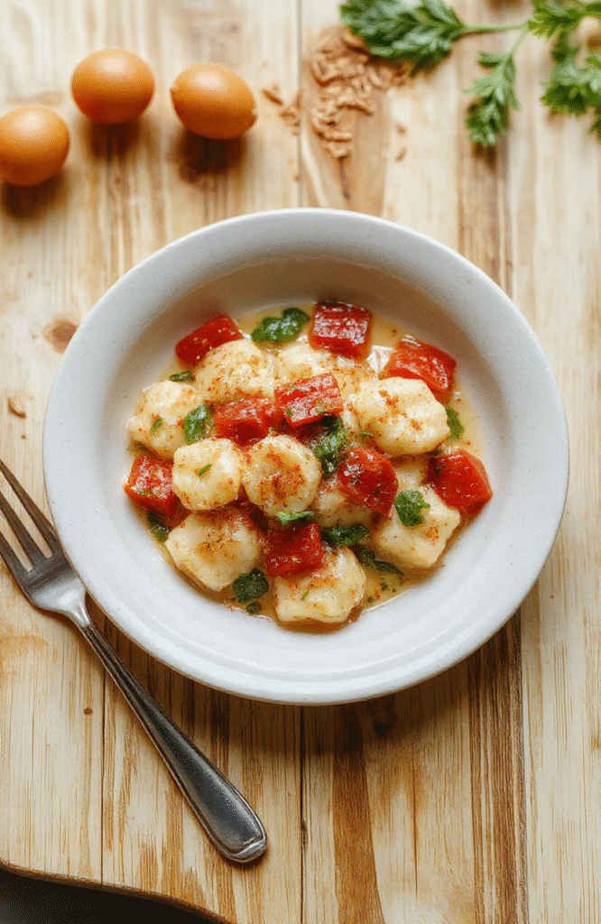 Nahaufnahme einer Gnocchi-Pfanne mit Tomaten und Spinat – goldbraun gebratene Gnocchi, rote Tomatenstücke, frischer Spinat, leichter Käse, einfache, farbenfrohe Präsentation auf einem hellen Holzteller.