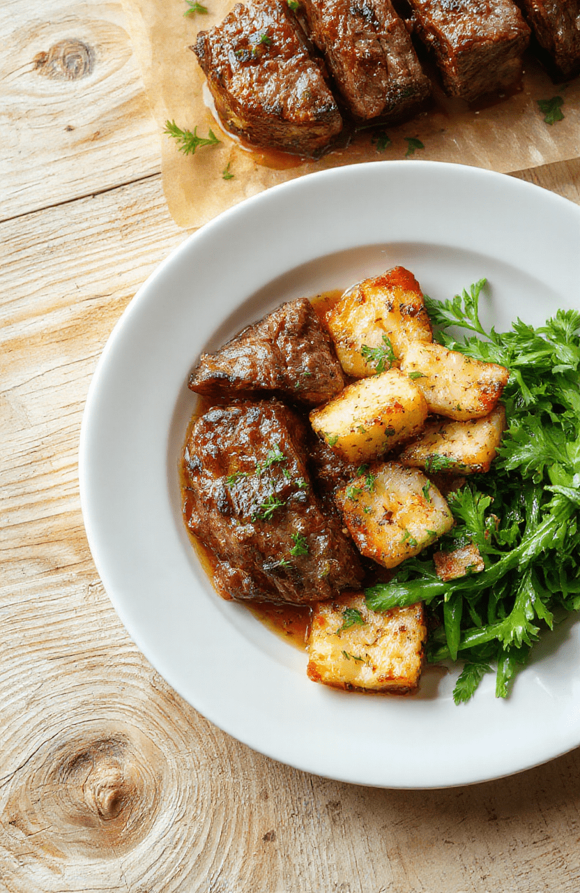 Eine herzhafte Hackfleisch-Reis-Pfanne auf einem dunklen Teller, garniert mit Paprika und Zwiebeln. Die goldbraunen Hackfleischstücke liegen über dem locker gegarten Reis, der Sauce glänzt sanft. Das Gericht wirkt warm und einladend, die Farben von Rot, Braun und Gelb betonen die Texturen von Fleisch, Reis und Gemüse.