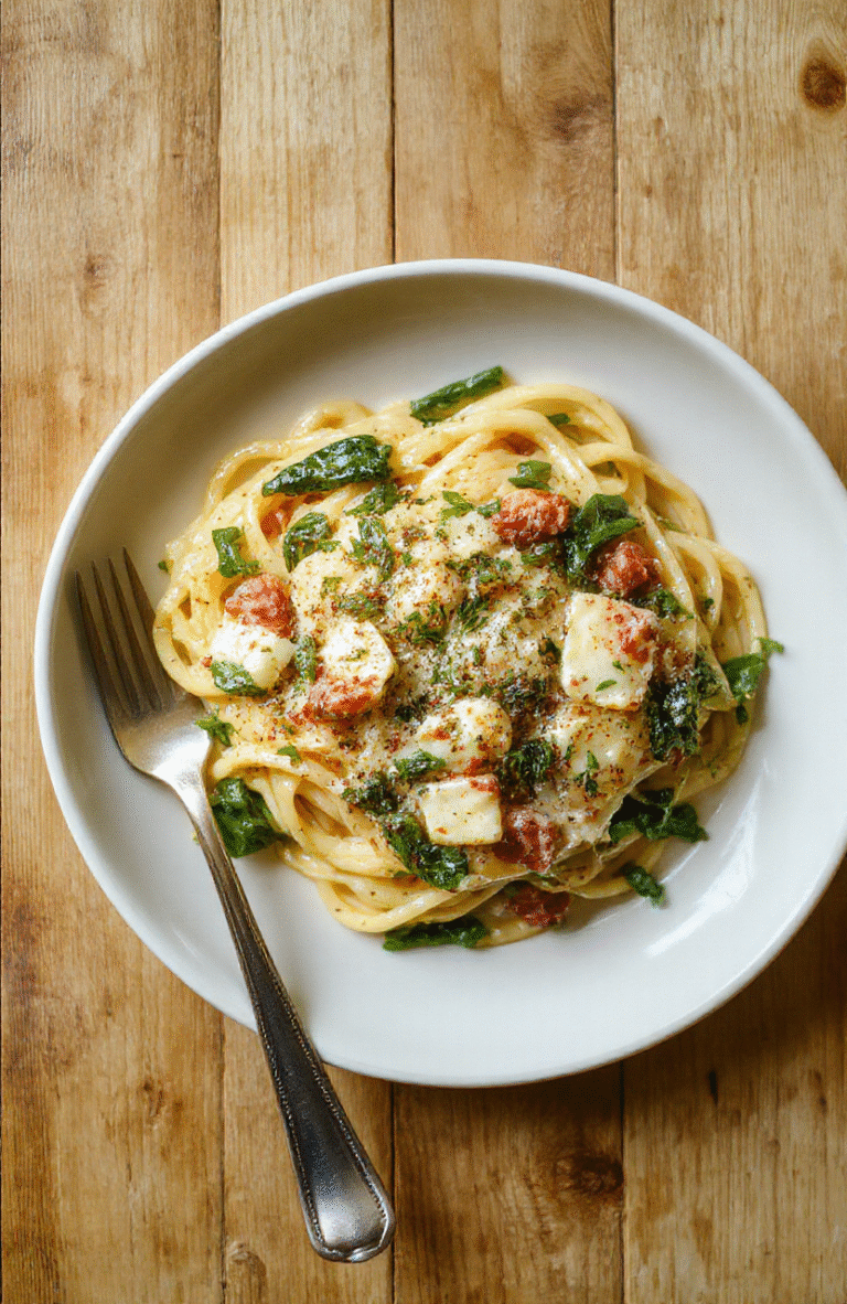 Bildtext: Ein Teller cremige Spaghetti mit Spinat und Frischkäse-Sauce; grün-kräftige Spinatrahmen, geriebener Parmesan, cremige Oberfläche; serviert auf einer hellen Tischplatte, Nahaufnahme, texturreiche Nudeln, appetitlich glänzend.