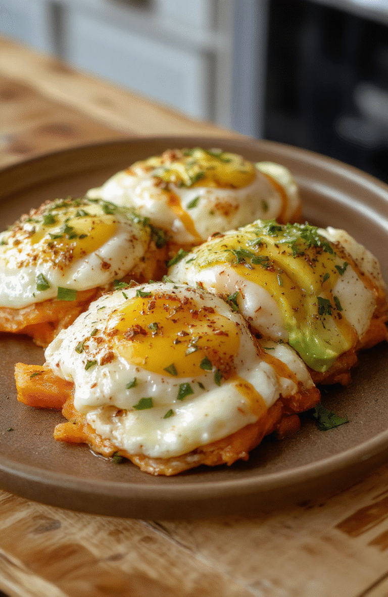 Aufnahme eines Tellers mit zwei Spiegeleiern, gebackenen Süßkartoffelscheiben und Avocado, garniert mit Petersilie, auf heller Arbeitsplatte, Nahaufnahme, appetitlich, Textur sichtbar.