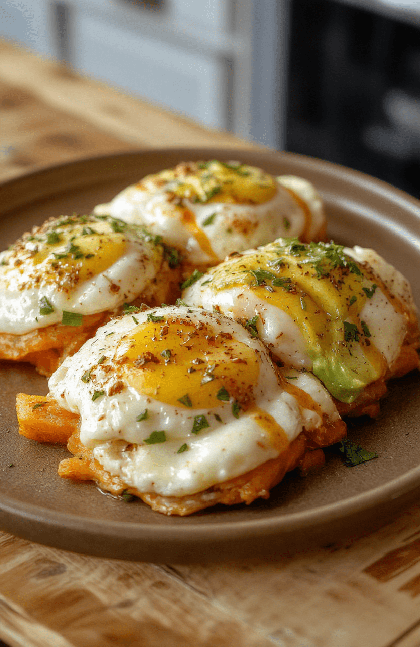Aufnahme eines Tellers mit zwei Spiegeleiern, gebackenen Süßkartoffelscheiben und Avocado, garniert mit Petersilie, auf heller Arbeitsplatte, Nahaufnahme, appetitlich, Textur sichtbar.