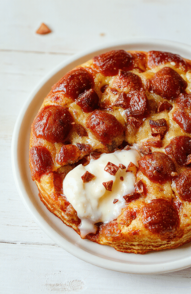 Nahaufnahme eines goldbraun gebackenen Heidelbeerkuchens mit cremiger Joghurt-Schicht, oben glitzernde Heidelbeeren, auf einem hellen Holztisch, rustikale Präsentation, unscharfer Hintergrund.