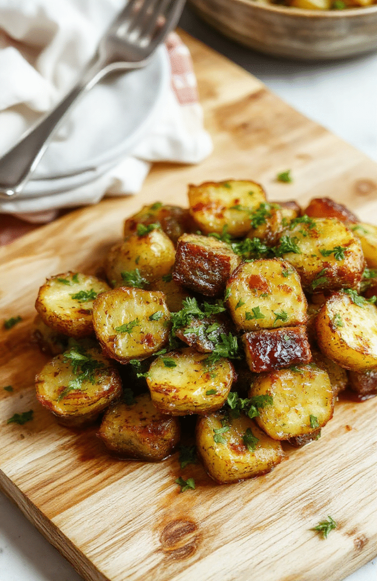 Rustikale Kartoffelpfanne mit goldbraunen Würfeln, Knoblauch und frischen Kräutern, serviert auf einem hellen Holzteller. Die Textur wirkt knusprig außen, zart innen, das Gericht wirkt frisch und einladend.