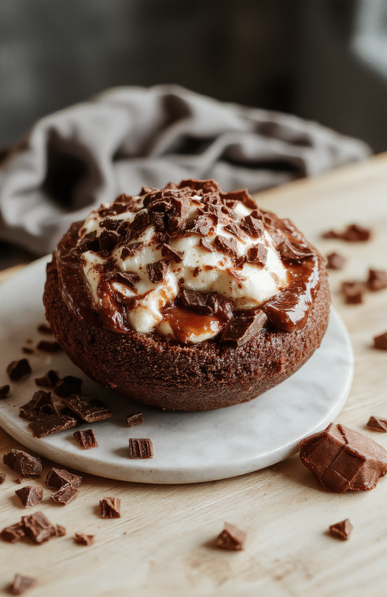 Ein aufgeschnittener Schoko-Gugelhupf mit cremiger Cheesecakefüllung. Die äußere Kruste ist dunkelbraun und glänzend, innen ist die cremige Cheesecake-Schicht sichtbar. Der Kuchen liegt auf einem hellen Holzbrett, die Beleuchtung ist natürlich und weich.