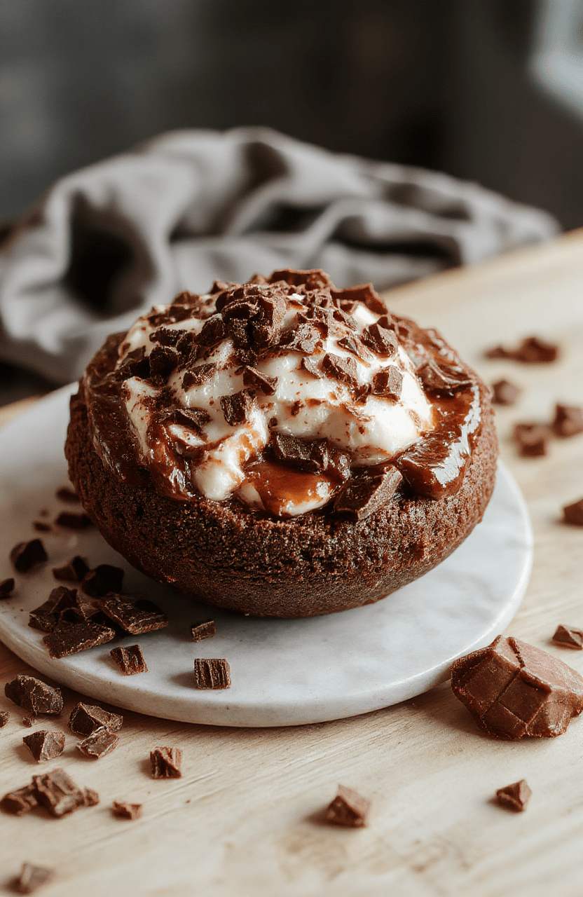 Ein aufgeschnittener Schoko-Gugelhupf mit cremiger Cheesecakefüllung. Die äußere Kruste ist dunkelbraun und glänzend, innen ist die cremige Cheesecake-Schicht sichtbar. Der Kuchen liegt auf einem hellen Holzbrett, die Beleuchtung ist natürlich und weich.