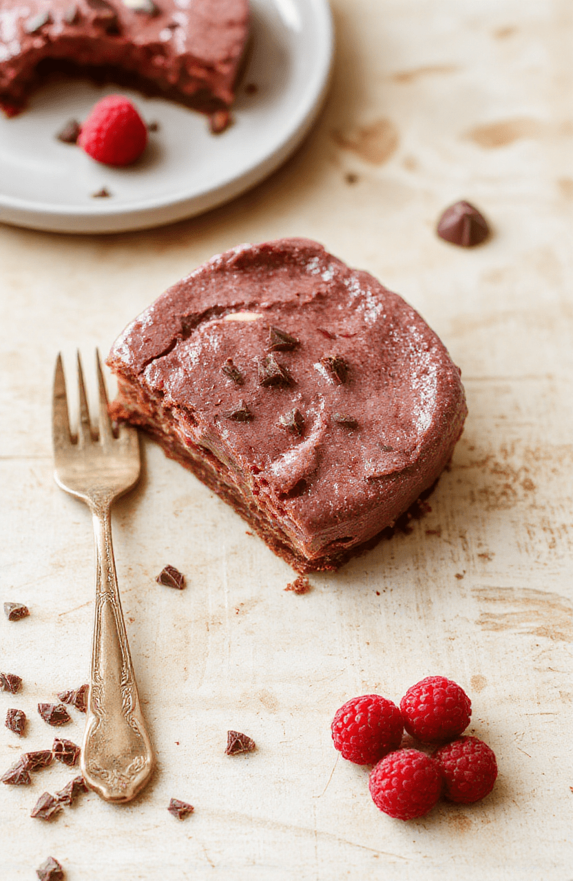 Eine cremige dunkle Schokoladen-Himbeer-Mousse-Torte in einer runden Form mit glänzender Glasur, garniert mit frischen Himbeeren, serviert auf einem hellen Holztisch, Nahaufnahme, weiches Licht, natürliche Texturen.