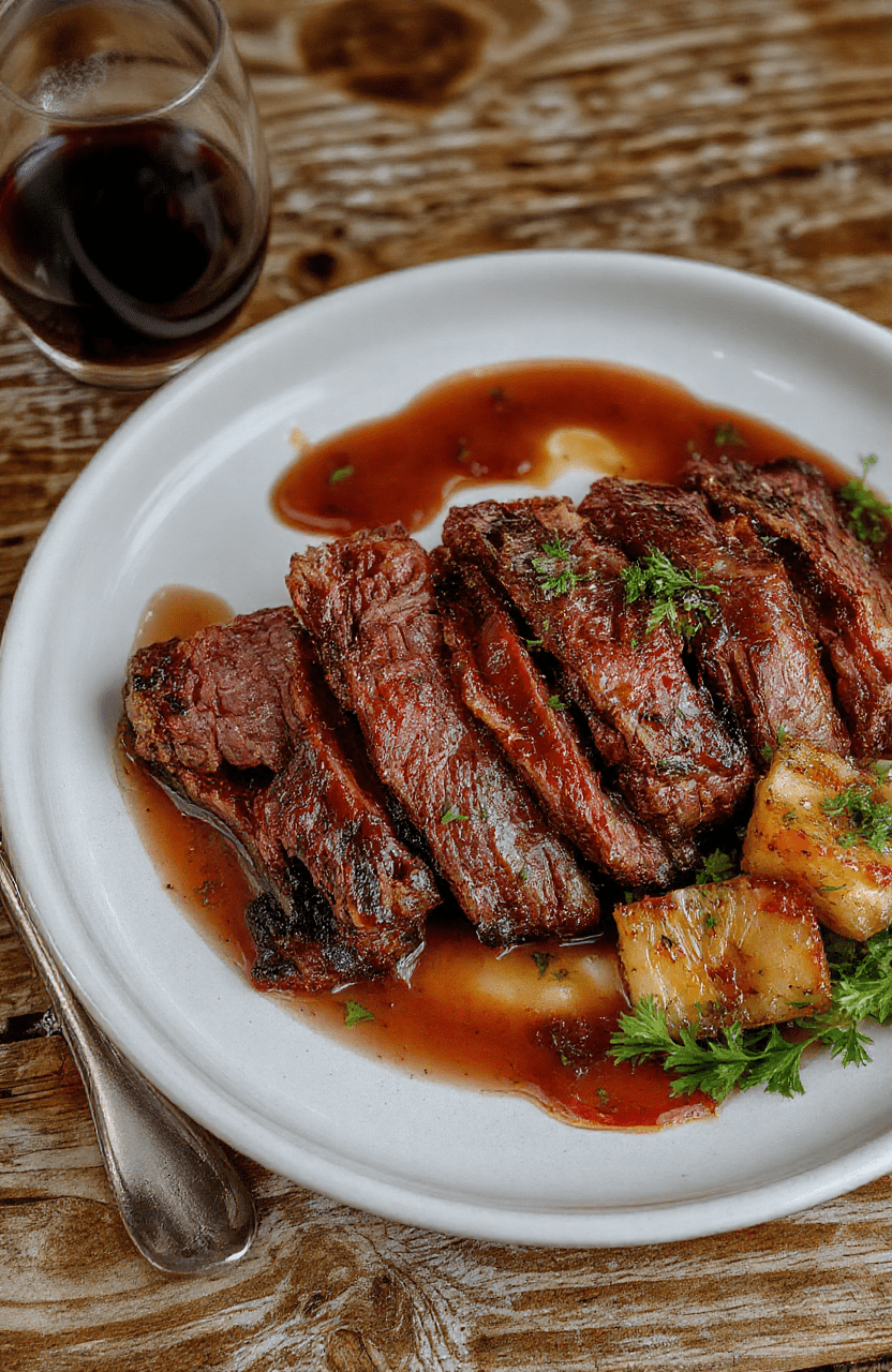 Ein Teller Serbisches Reisfleisch auf einem rustikalen Holztisch. Der Reis ist locker, das Hackfleisch braun, rote Paprika und Tomatensoße sorgen für Farbe, frische Petersilie als Garnitur; warmes Licht betont Texturen und dampfende Aromen.