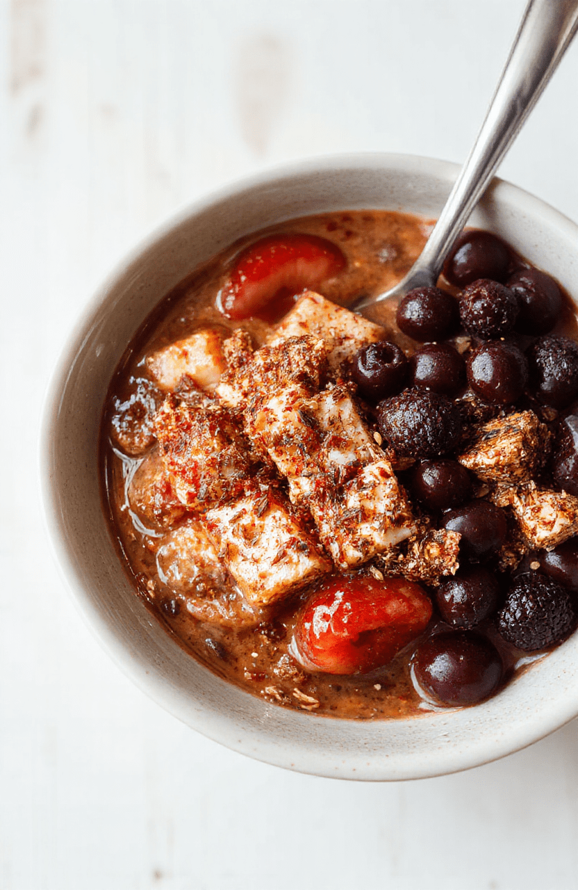 Eine bunte Smoothie-Bowl in einer flachen weißen Schale auf einem hellen Holztisch, belegt mit Beerenscheiben, Bananenstücke, Granola, Kokosraspeln und Chiasamen mit weichen Schatten