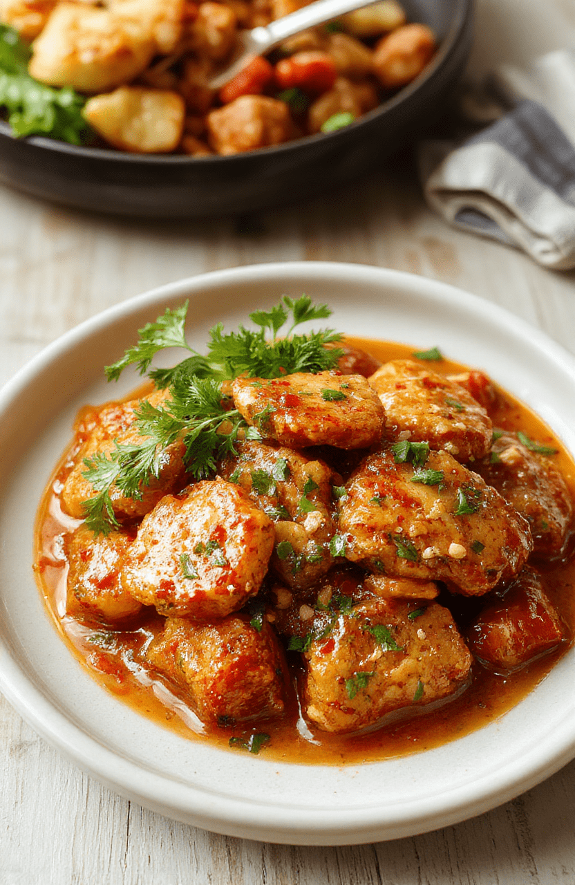 Nahaufnahme eines cremigen Thai Erdnuss Curry Hähnchen mit zarten Hähnchenstücken in einer glänzenden Erdnusssauce, garniert mit Koriander und gehackten Erdnüssen, serviert in einer hellen Schüssel auf hellem Holzuntergrund.