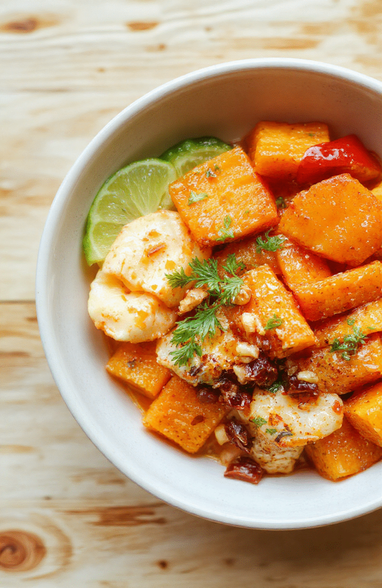 Bunte Bowlszene: Eine Schüssel Thai Erdnuss Süßkartoffel Bowl mit cremiger Erdnusssoße, gebackenen Süßkartoffelwürfeln, knackigem Gemüse, gehackten Erdnüssen und frischem Koriander auf einem rustikalen Holzteller; warme Braun- und Goldtöne, appetitliche Textur.