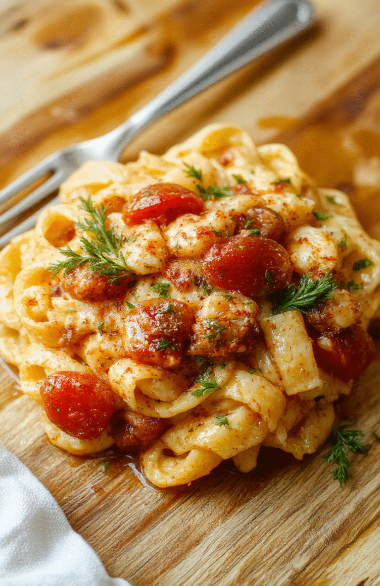 Nahaufnahme eines Tellers Tomaten-Knoblauch-Pasta mit leuchtend roter Tomatensauce, Basilikumblättern, Olivenöl und fein gehacktem Knoblauch; der Teller steht auf einer hellen Holztischplatte, warme Farbtöne, natürliches Licht.
