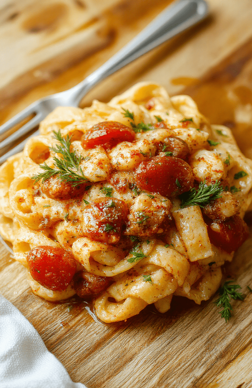 Nahaufnahme eines Tellers Tomaten-Knoblauch-Pasta mit leuchtend roter Tomatensauce, Basilikumblättern, Olivenöl und fein gehacktem Knoblauch; der Teller steht auf einer hellen Holztischplatte, warme Farbtöne, natürliches Licht.