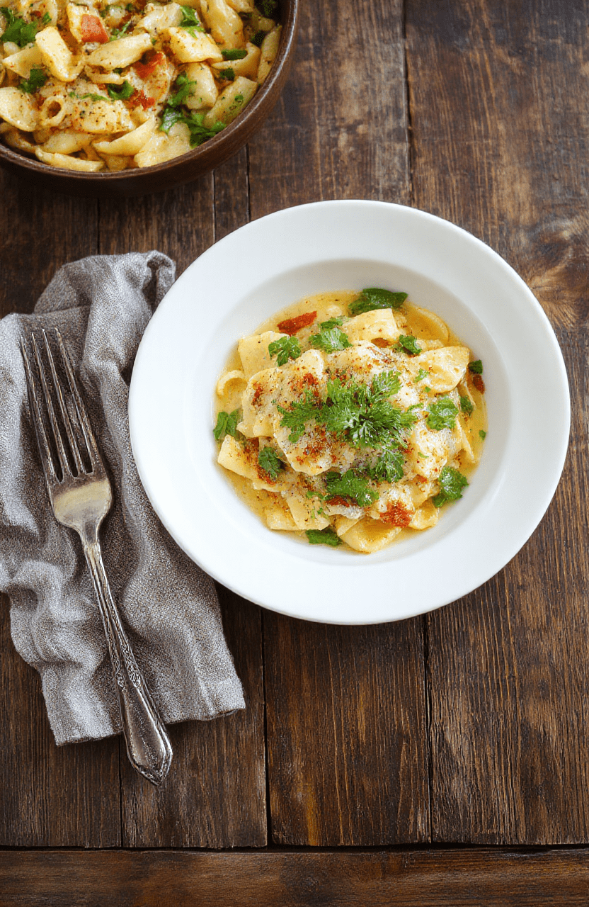 Eine Schüssel Topf-Pasta mit Linsen auf heller Holzoberfläche. Die Nudeln sind al dente, rote Linsen und Tomatensauce sorgen für eine kräftige rote Farbe. Garnitur mit frischer Petersilie und ein paar Blättern Spinat. Das Gericht wirkt rustikal, herzhaft und vegetarisch, mit glänzender Sauce und sichtbaren Linsen.