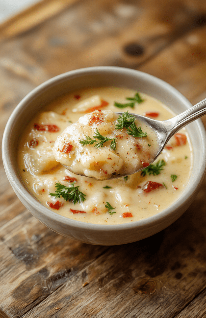 Eine Schale cremiger Toskanischer Ravioli-Suppe mit Ricotta-Ravioli, Spinat und Tomaten, bestreut mit Parmesan, serviert in einer weißen Schale auf einem warmen Holztisch. Der Sud wirkt cremig, die Farben goldgelb und rot, und die Ravioli sind deutlich sichtbar.