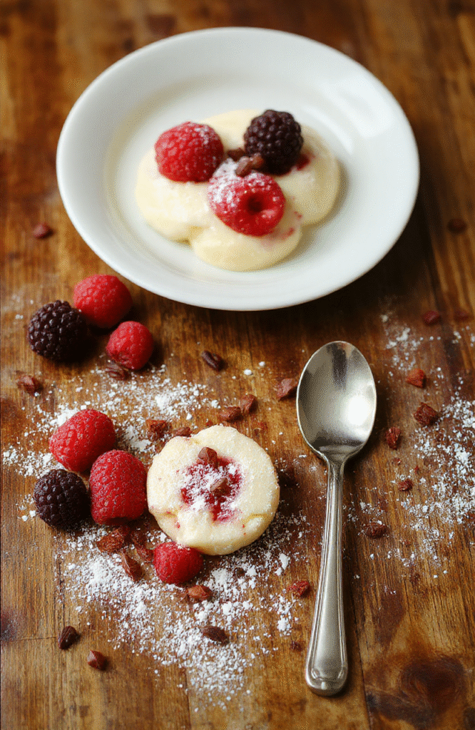 Nahaufnahme eines Desserttellers mit Vanillekipferl und Himbeeren. Zarte Vanillekipferl in Halbmondform liegen neben leuchtend roten Himbeeren, leicht bestäubt mit Puderzucker, auf einer warmbraunen Holzoberfläche. Die Texturen wirken knusprig und cremig, Beleuchtung ist natürlich und appetitlich.