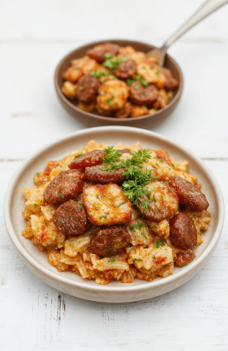 Eine farbenfrohe Pfannenmahlzeit: goldbraun gebratene Wurstscheiben, darunter lockerer Reis, mit roten Paprikawürfeln und gehackten Tomaten; Garnitur aus Petersilie. Die Pfanne ruht auf einem hellen Holzuntergrund, unscharfer Hintergrund, warme Lichtstimmung.