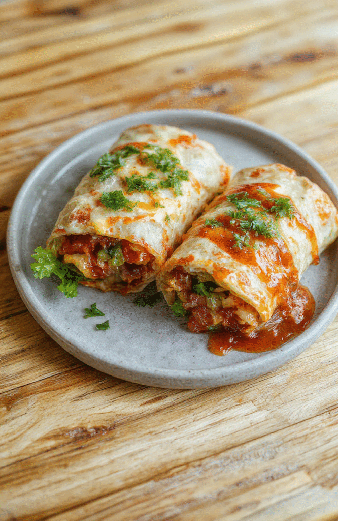 Ein aufgewickelter Southwest Hähnchen Wrap liegt auf einem Teller, die goldbraune Tortilla umschließt würzige Hähnchenfüllung mit roter Paprika, Mais und schwarzen Bohnen; daneben Salat, cremige Joghurt-Limetten-Sauce und frischer Koriander. Die Szene ist natürlich belichtet, wirkt casual und einladend.