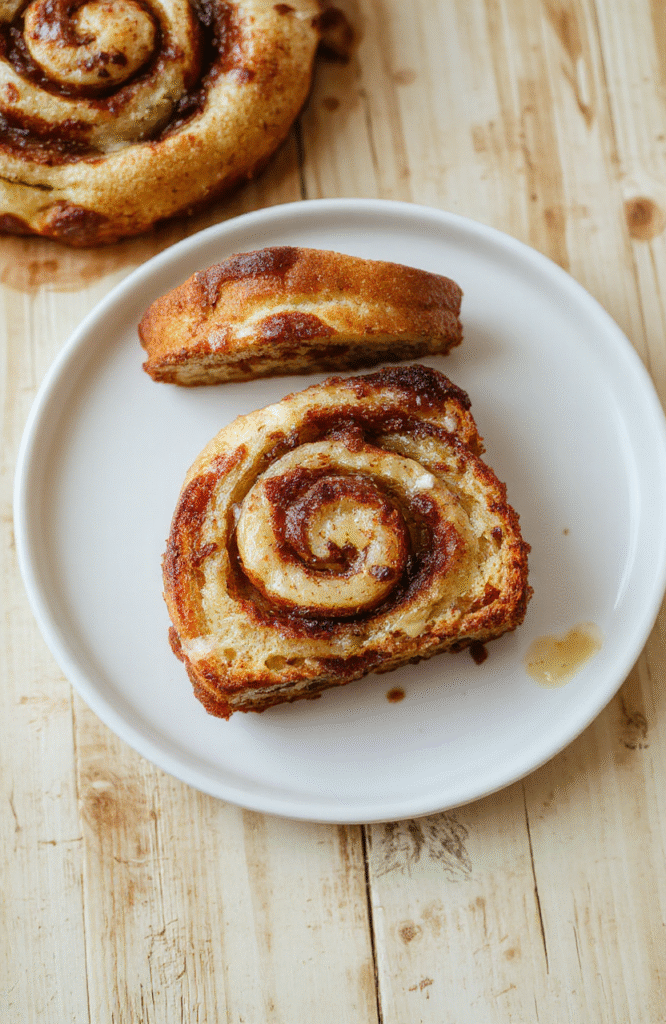 Ein goldbraunes Stück Zimtschnecken-Bananenbrot liegt auf einem hellen Holzbrett, die Zimtfüllung schimmert spiralig durch die Krume, daneben ein leichter Zimstaub.