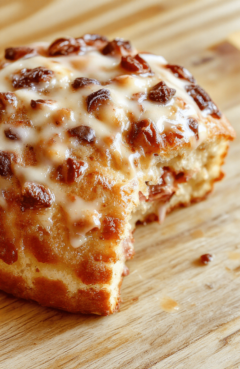 Mehrere goldbraun gebackene Zimtschneckenkuchenstücke liegen auf einem hellen Holztisch. Zimtglasur glänzt leicht, die spiralförmige Füllung ist sichtbar, warmes Licht betont die köstliche Textur.