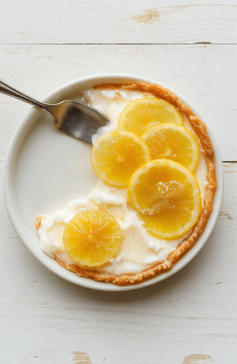 Eine helle Zitronen-Joghurt-Torte steht auf einem einfachen Teller. Die glatte, zitronige Oberfläche glänzt leicht, Zitronenzesten zieren die Oberseite, im Hintergrund heller Hintergrund. Ruhiges Licht.