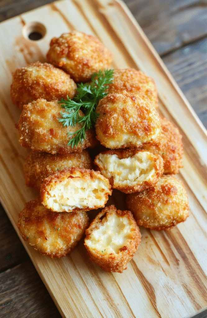 Ein Teller mit goldbraunen Brokkoli-Käse-Nuggets, knusprig und saftig, präsentiert auf einem hellen Holzteller. Im Hintergrund leicht verschwommene grüne Brokkoliröschen, rustikale, einladende Präsentation, dampfige Note, appetitlich und frisch.