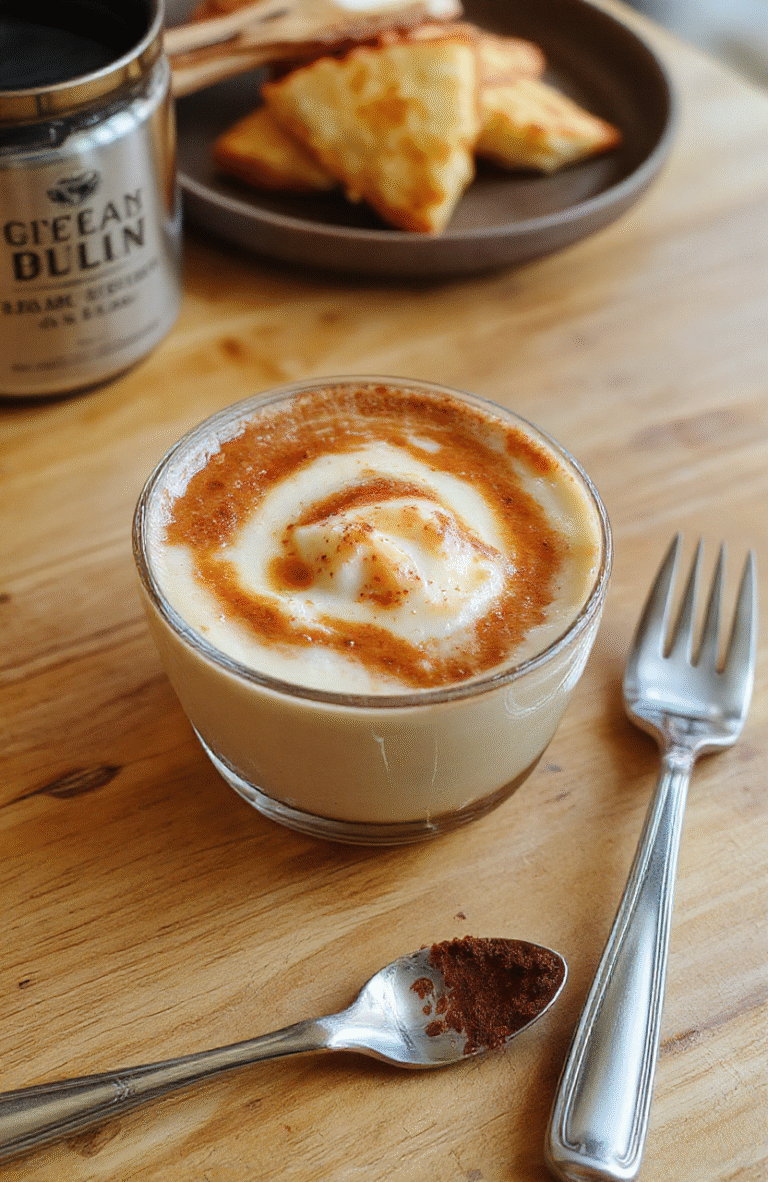 Eine kleine Glascreme mit cremiger Cappuccino-Schicht, oben leicht bestäubt mit Kakao, serviert auf heller Holzoberfläche. Natürliche Beleuchtung, Nahaufnahme, weiche Textur, appetitlich, ohne sichtbare Utensilien.