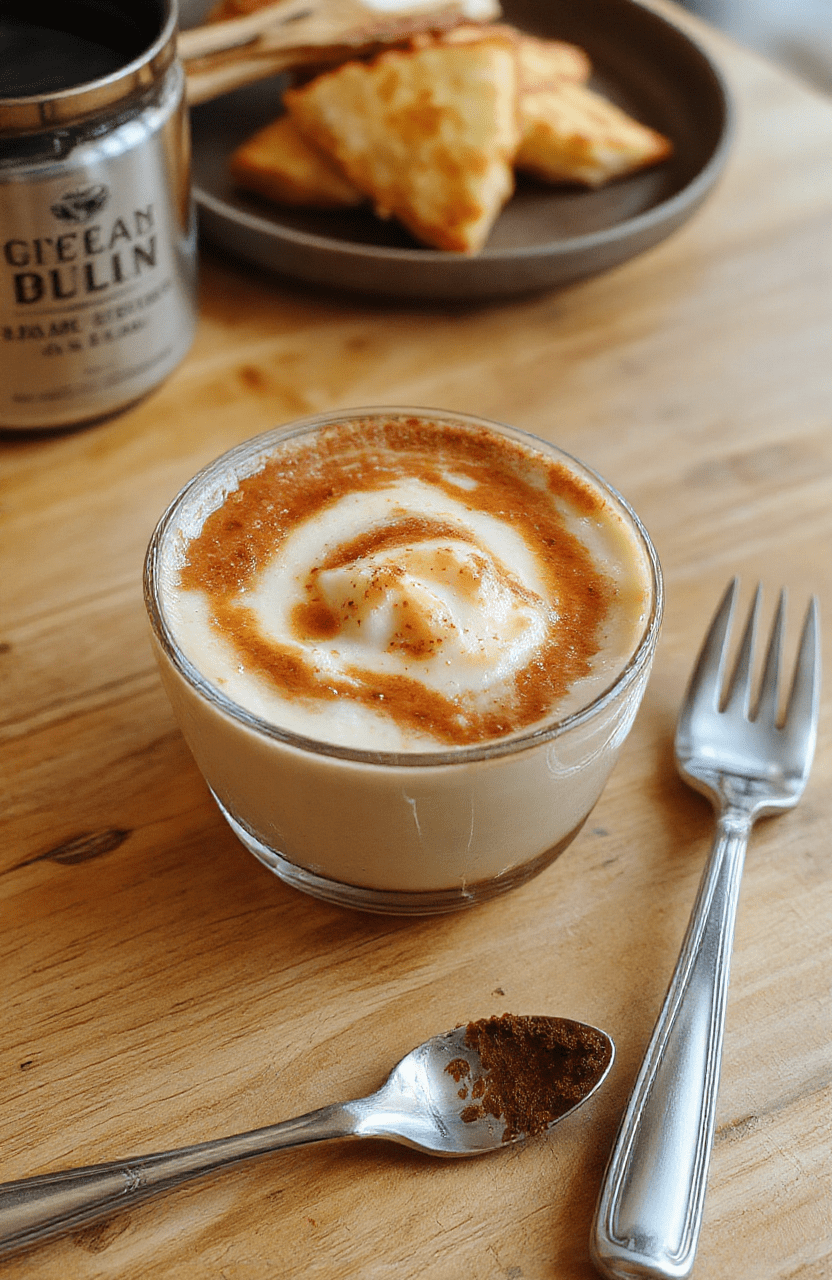 Eine kleine Glascreme mit cremiger Cappuccino-Schicht, oben leicht bestäubt mit Kakao, serviert auf heller Holzoberfläche. Natürliche Beleuchtung, Nahaufnahme, weiche Textur, appetitlich, ohne sichtbare Utensilien.