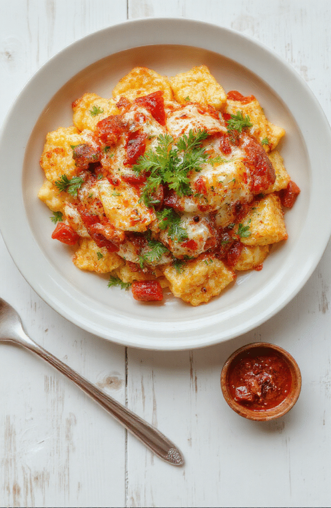 Ein Teller cremige Brokkoli-Kartoffeln mit goldenen Kartoffelwürfeln, grünen Brokkoliröschen und geschmolzenem Käse, garniert mit Petersilie, cremige Sauce sichtbar.