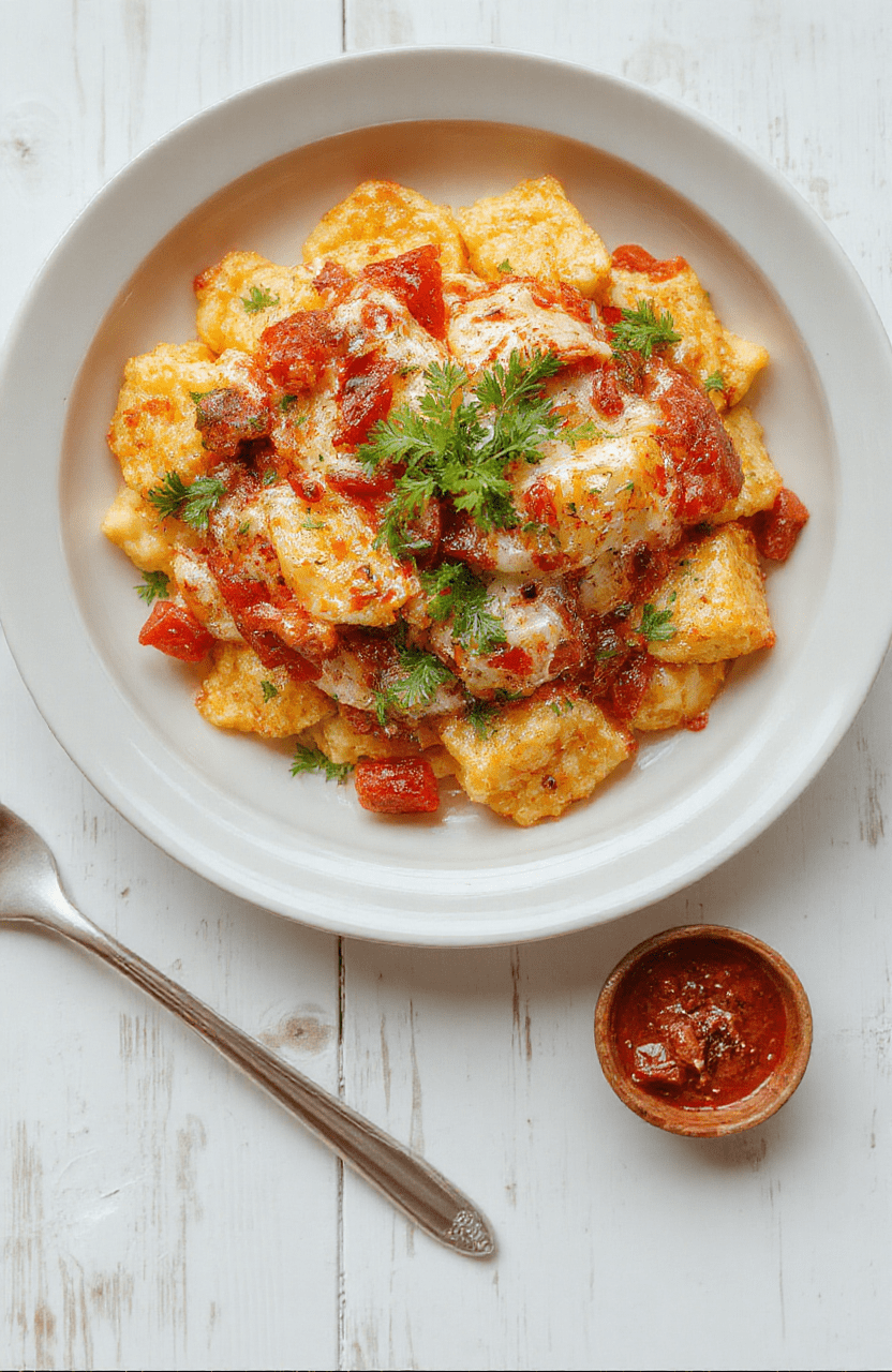 Ein Teller cremige Brokkoli-Kartoffeln mit goldenen Kartoffelwürfeln, grünen Brokkoliröschen und geschmolzenem Käse, garniert mit Petersilie, cremige Sauce sichtbar.