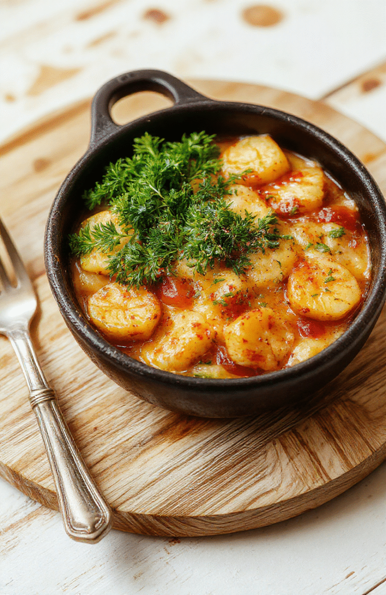 Ein Teller cremige Brokkoli Kartoffelpfanne mit grünen Brokkoliröschen, goldenen Kartoffelwürfeln in einer seidigen Sauce, garniert mit Pfeffer, serviert auf einem schlichten weißen Teller.