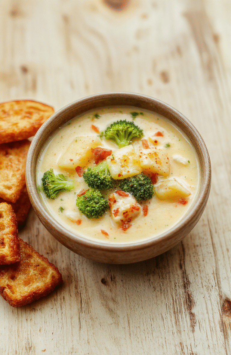 Eine cremige grüne Suppe mit Brokkoli und Kartoffeln in einer hellen Schale, darüber schmilzender Käse, daneben einige Brokkoliröschen; die Textur wirkt samtig und glatt. Die Präsentation ist einfach und rustikal, Tageslicht betont die frischen Zutaten.