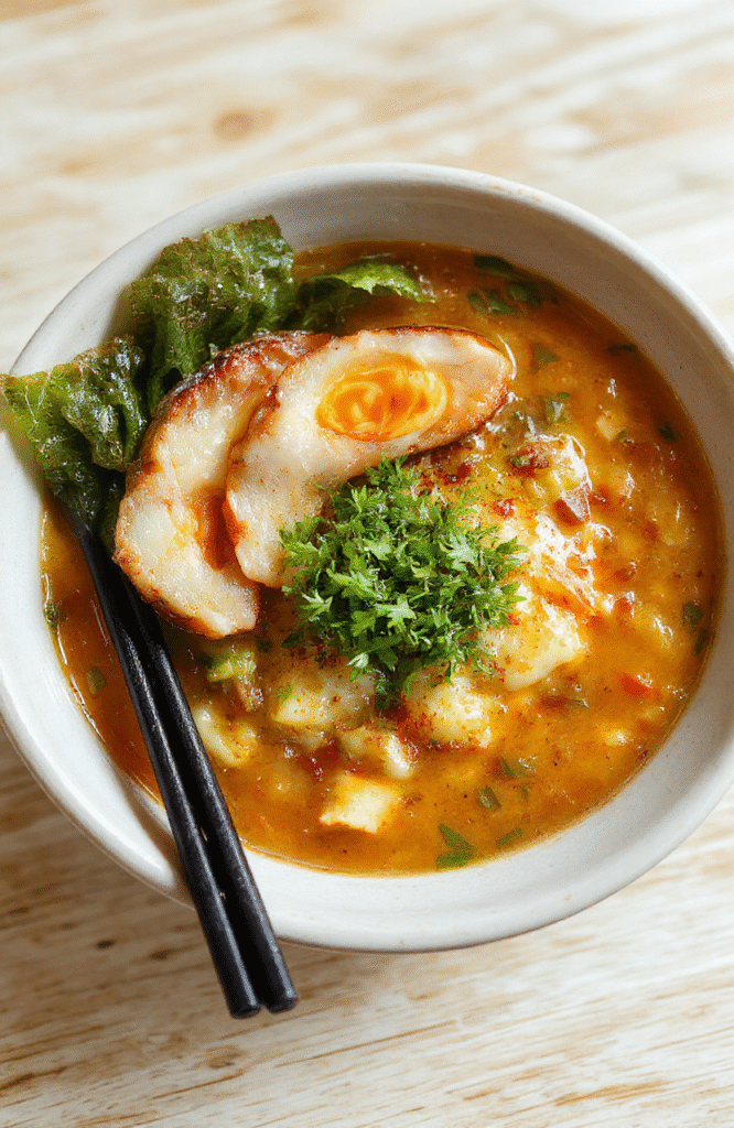 Eine cremige Nudelsuppe in einer weißen Schüssel. Die Nudeln der Ramen sind weich und glänzend, bedeckt mit einer satinartigen Erdnuss-Kokos-Sauce. Oberflächengarnitur aus fein gehackter Frühlingszwiebel, gehackten Erdnüssen und einer Prise Chili. Die Schüssel sitzt auf einem hellen Holztisch, das warme Licht erzeugt eine gemütliche, einladende Atmosphäre.