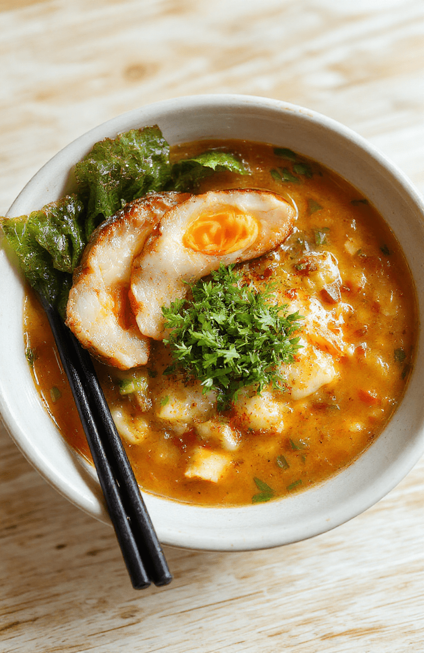 Eine cremige Nudelsuppe in einer weißen Schüssel. Die Nudeln der Ramen sind weich und glänzend, bedeckt mit einer satinartigen Erdnuss-Kokos-Sauce. Oberflächengarnitur aus fein gehackter Frühlingszwiebel, gehackten Erdnüssen und einer Prise Chili. Die Schüssel sitzt auf einem hellen Holztisch, das warme Licht erzeugt eine gemütliche, einladende Atmosphäre.