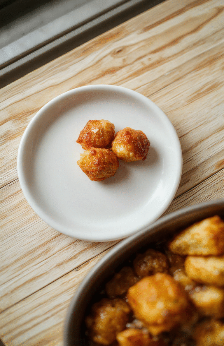 Goldbrauner Bang Bang Hähnchen Auflauf in einer Auflaufform, cremige helle Sauce, rote Paprikawürfel und geschmolzener Käse an der Oberseite, serviert auf einem rustikalen Holztisch, heller Hintergrund, Fokus liegt auf dem cremigen Belag und dem saftigen Hähnchen.
