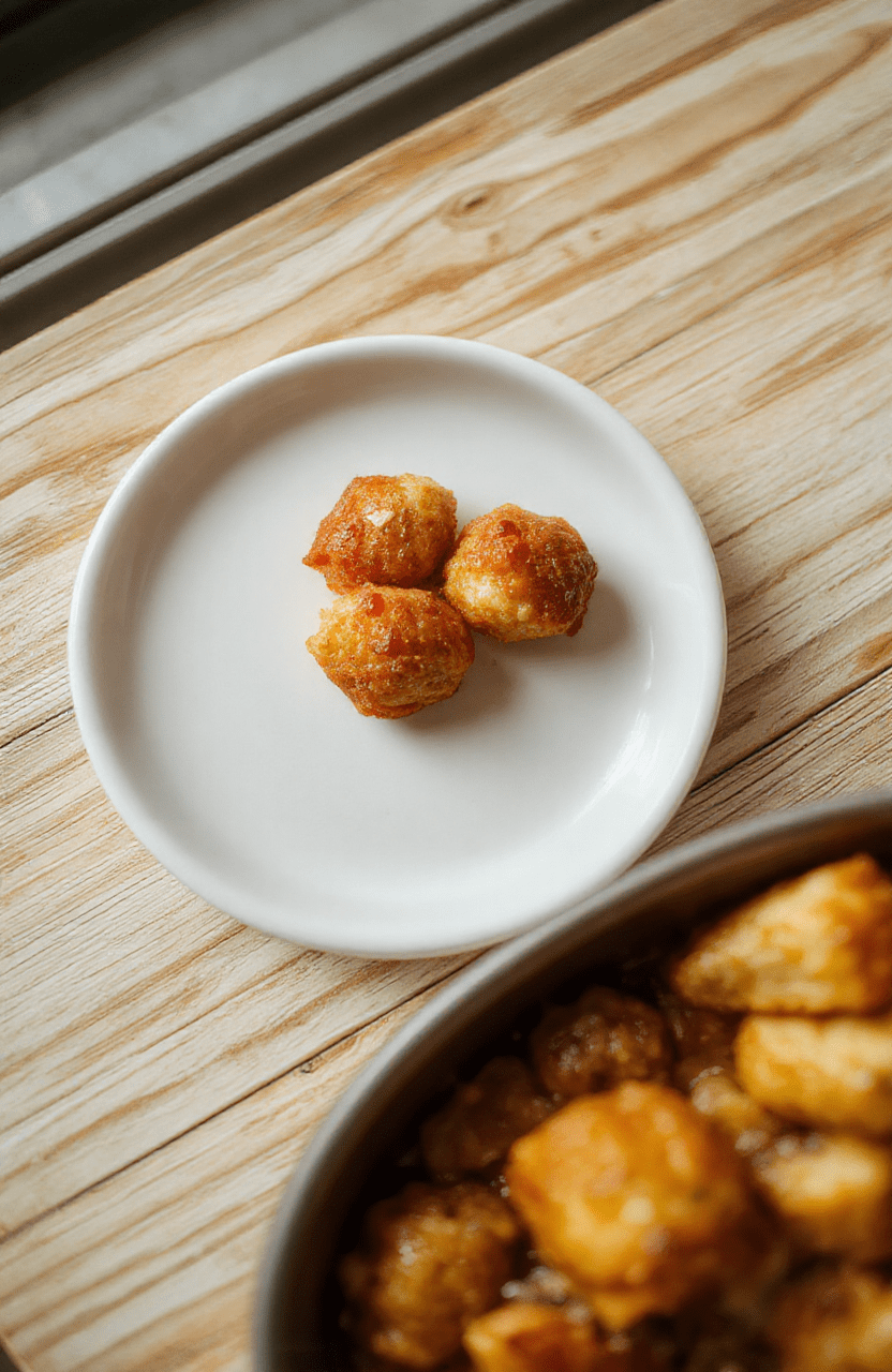 Goldbrauner Bang Bang Hähnchen Auflauf in einer Auflaufform, cremige helle Sauce, rote Paprikawürfel und geschmolzener Käse an der Oberseite, serviert auf einem rustikalen Holztisch, heller Hintergrund, Fokus liegt auf dem cremigen Belag und dem saftigen Hähnchen.