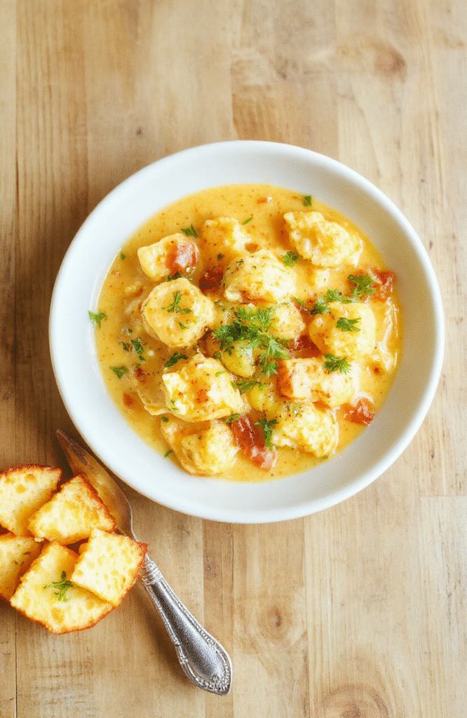 Eine cremige Blumenkohl-Curry-Sauce mit goldbraunen Ofen-Blumenkohlröschen in einer weißen Schale. Frischer Koriander oben drauf, heller Holztisch als Hintergrund, warme natürliche Beleuchtung, Nahaufnahme mit sichtbarer cremiger Textur.