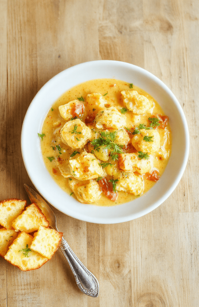 Eine cremige Blumenkohl-Curry-Sauce mit goldbraunen Ofen-Blumenkohlröschen in einer weißen Schale. Frischer Koriander oben drauf, heller Holztisch als Hintergrund, warme natürliche Beleuchtung, Nahaufnahme mit sichtbarer cremiger Textur.