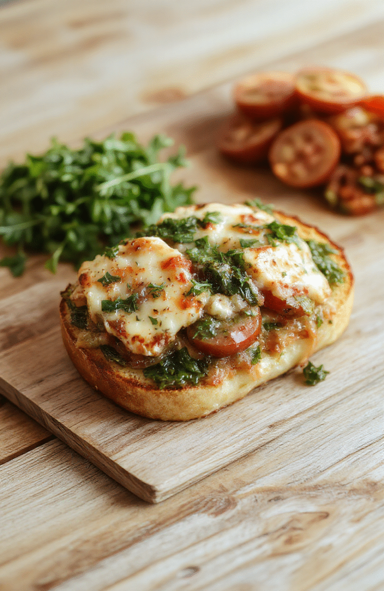 Ein cremiges Rührei auf einer knusprigen Scheibe Röstbrot, belegt mit Feta, frischem Spinat und Tomaten, garniert mit Pfeffer, serviert auf hellem Holz.