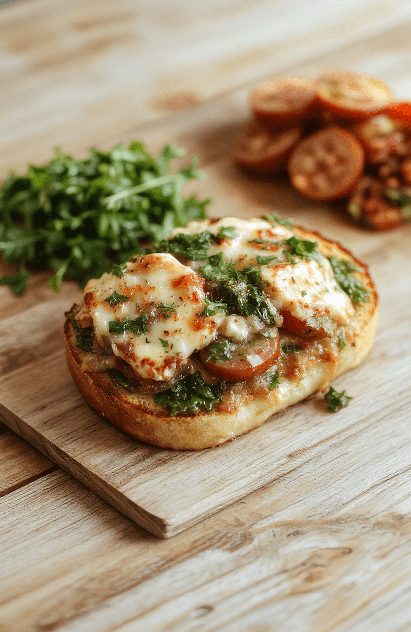 Ein cremiges Rührei auf einer knusprigen Scheibe Röstbrot, belegt mit Feta, frischem Spinat und Tomaten, garniert mit Pfeffer, serviert auf hellem Holz.