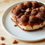 Auf einem hellen Holzbrett steht eine cremige Ferrero Rocher Torte ohne Backen. Der Boden besteht aus fein zerbröselten Keksen, der Rand ist glatt, darauf liegen gehackte Ferrero Rocher Stücke und eine zarte Schokoschicht. Die Textur wirkt reichhaltig, goldbraun bestäubt mit Kakao, stimmungsvoll und einladend.