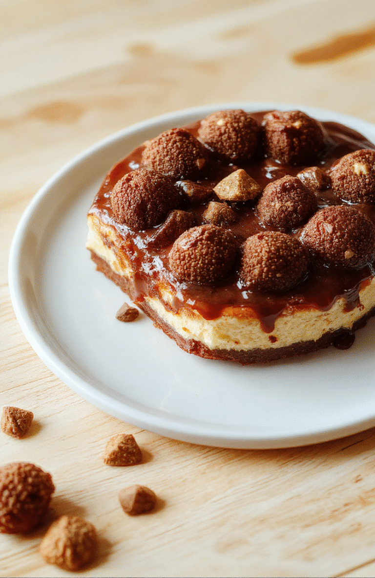 Auf einem hellen Holzbrett steht eine cremige Ferrero Rocher Torte ohne Backen. Der Boden besteht aus fein zerbröselten Keksen, der Rand ist glatt, darauf liegen gehackte Ferrero Rocher Stücke und eine zarte Schokoschicht. Die Textur wirkt reichhaltig, goldbraun bestäubt mit Kakao, stimmungsvoll und einladend.