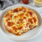 Fluffige Quark-Pfannkuchen ohne Mehl gestapelt auf einem weißen Teller, goldbraun und locker, serviert mit frischen Beeren und leichtem Staub von Puderzucker; neutrale Holzoberfläche und sanftes Tageslicht schaffen eine einladende Frühstücksszene.