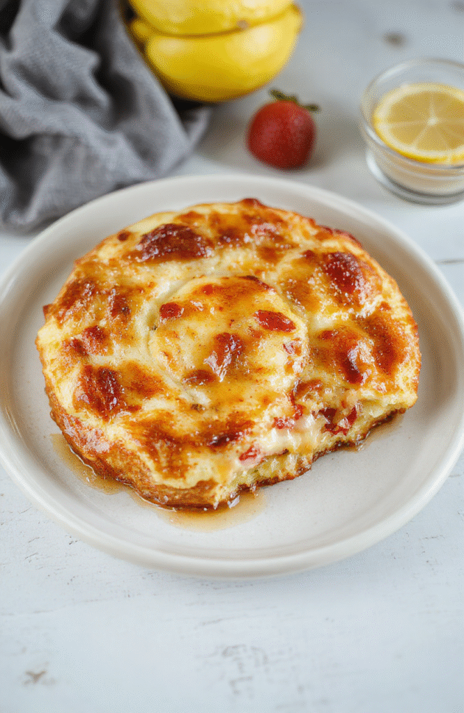 Fluffige Quark-Pfannkuchen ohne Mehl gestapelt auf einem weißen Teller, goldbraun und locker, serviert mit frischen Beeren und leichtem Staub von Puderzucker; neutrale Holzoberfläche und sanftes Tageslicht schaffen eine einladende Frühstücksszene.